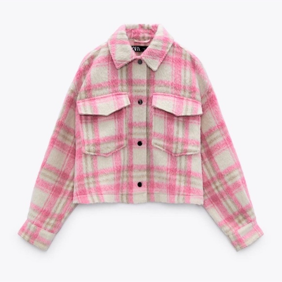 NWOT Zara Pink Cropped Plaid Shacket Overshirt size small - Picture 2 of 4